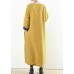 Unique yellow cotton clothes Women thick warm  Maxi o neck Dresses