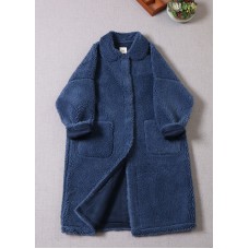 Unique Blue Peter Pan Collar Button Faux Fur thick Winter Coat