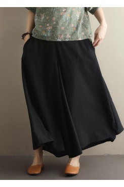 Summer  literary black elastic waist versatile wide leg culottes