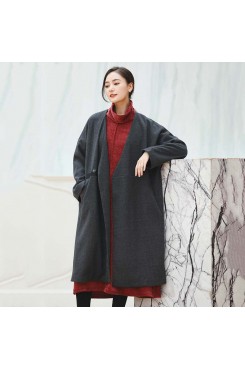 women black Coats trendy plus size V neck outwear vintage baggy pockets wool jackets