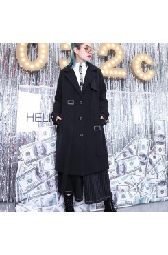 2019 black Winter coat plus size Notched Winter coat boutique pockets baggy coat