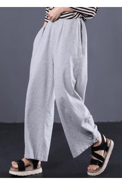 women cotton solid color casual pants elastic waist gray wide leg pants