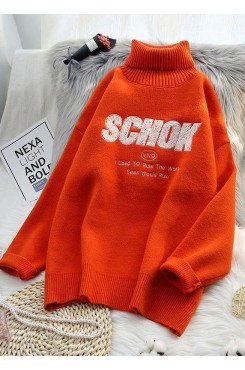 Cute orange knitted clothes alphabet oversize high neck knit sweat tops