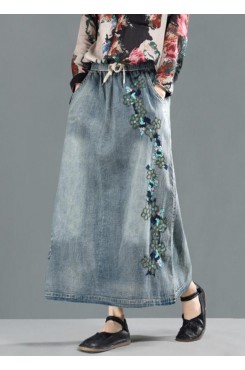 Women Spring Drawstring Hole Embroidery Casual Skirt