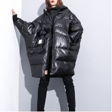 fine black down jacket plus size hooded cotton coat Elegant zippered pockets over coat