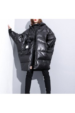 fine black down jacket plus size hooded cotton coat Elegant zippered pockets over coat