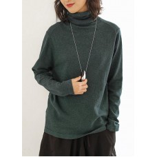 Pullover blackish green knit sweat tops casual high neck knitted pullover