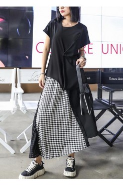Women's summer mid-length a-line skirt high waist fashion black stitching chiffon plaid skirt