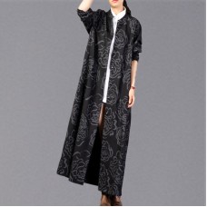 vintage black print Winter coat plus size stand collar Coat 2018 pockets trench coat